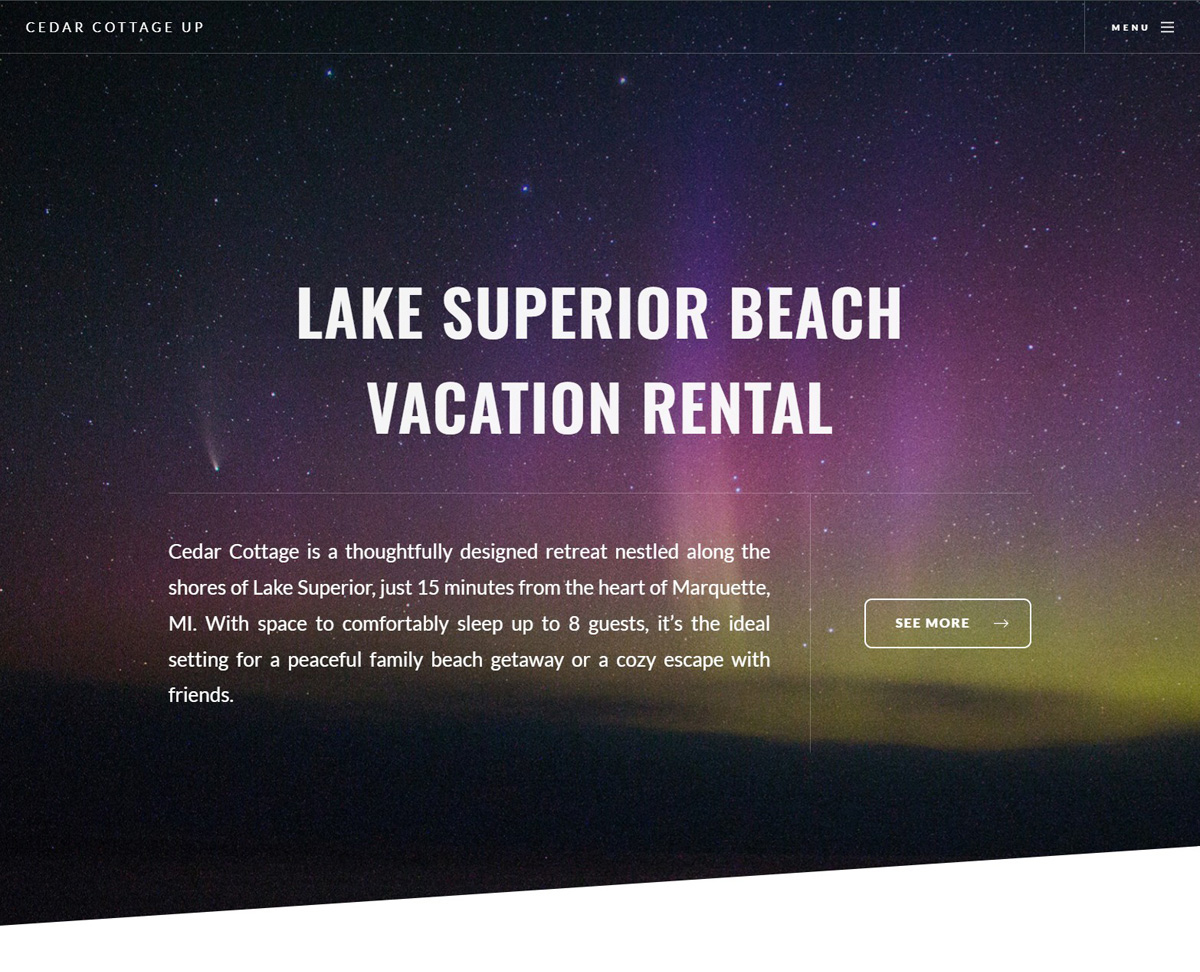 image of a landing page for Cedar Cottage UP, a beach vacation rental on Lake Superior