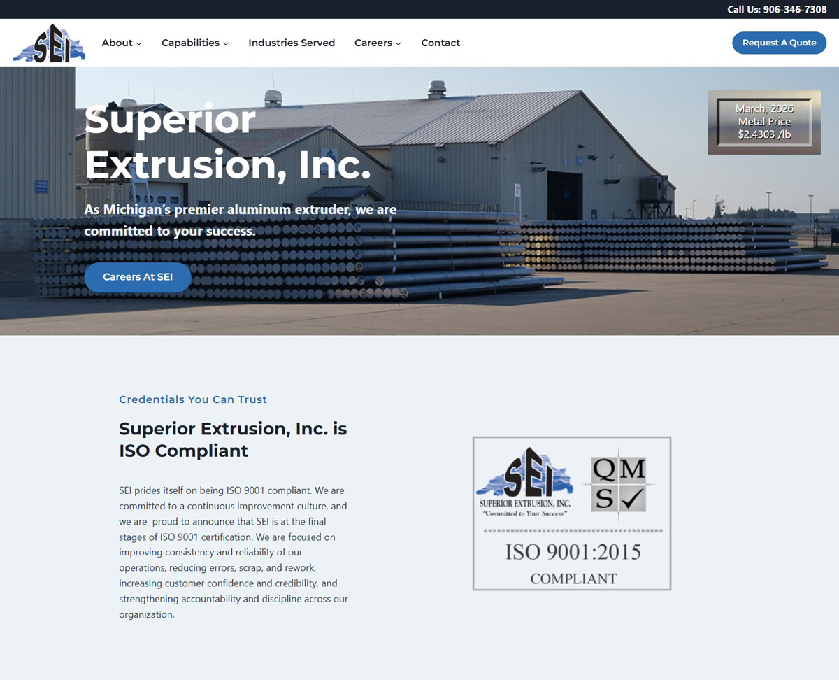 image of a landing page for Superior Extrusion, Inc., Michigan’s premier aluminum extruder