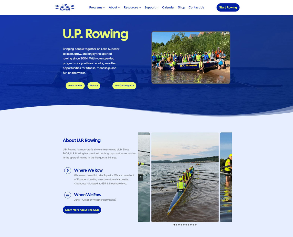 image of a landing page for U.P. Rowing